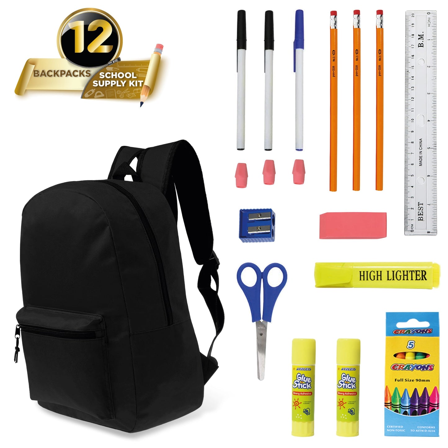 12 Großhandels 15 'Klassische Rucksäcke in Schwarz & 12 Bulk School Supply Kits Ihrer Wahl