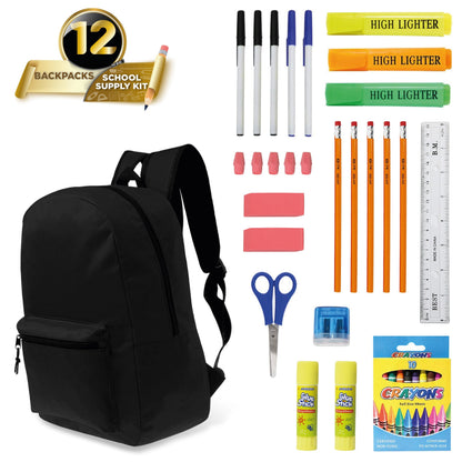 12 Schwarz 17 'Basic Kids Wholesale Rucksäcke und 12 Bulk School Supply Kits Ihrer Wahl