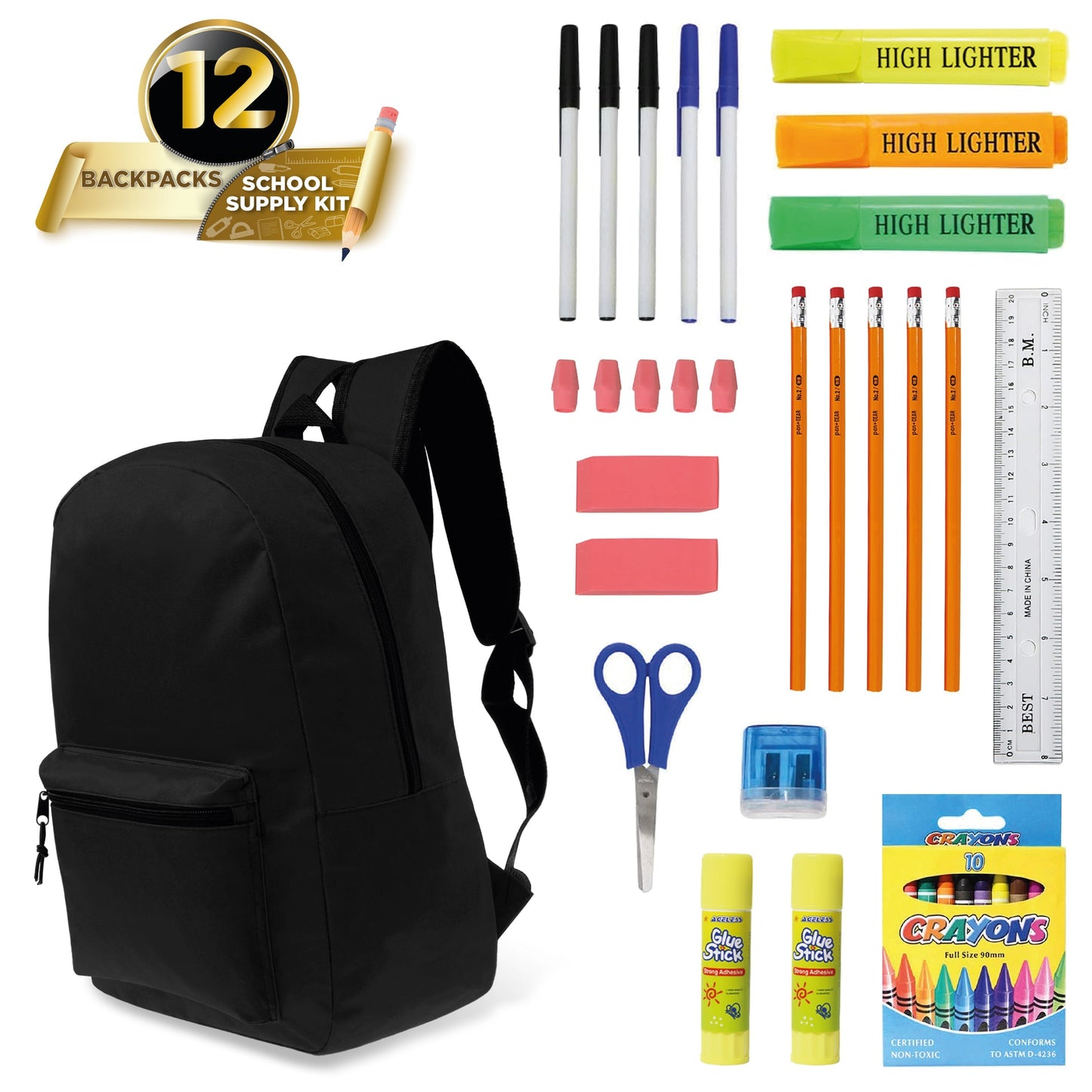 12 Großhandels 15 'Klassische Rucksäcke in Schwarz & 12 Bulk School Supply Kits Ihrer Wahl