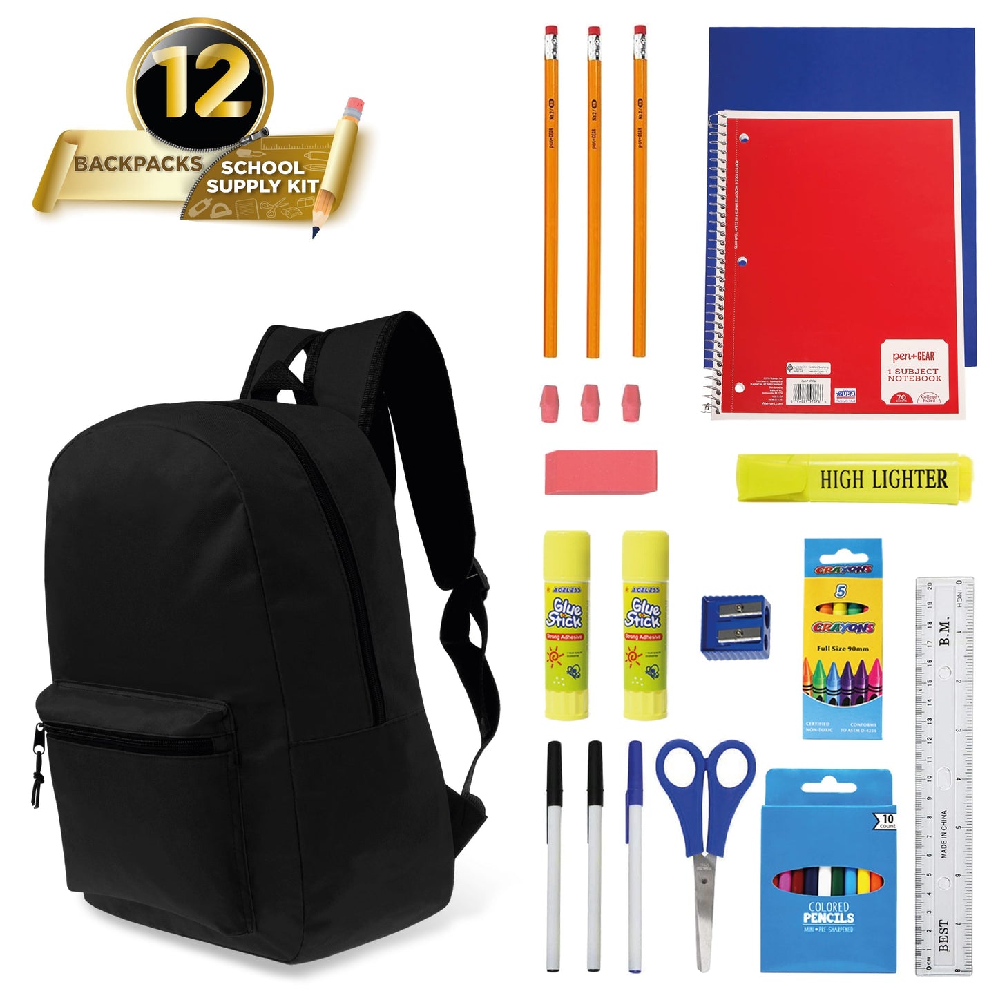 12 Großhandels 15 'Klassische Rucksäcke in Schwarz & 12 Bulk School Supply Kits Ihrer Wahl