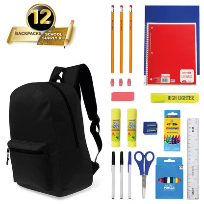 12 Großhandels 15 'Klassische Rucksäcke in Schwarz & 12 Bulk School Supply Kits Ihrer Wahl