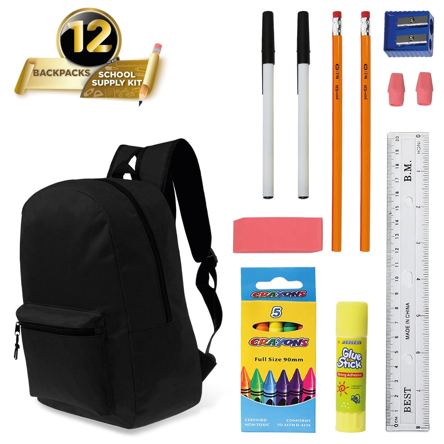 12 Großhandels 15 'Klassische Rucksäcke in Schwarz & 12 Bulk School Supply Kits Ihrer Wahl