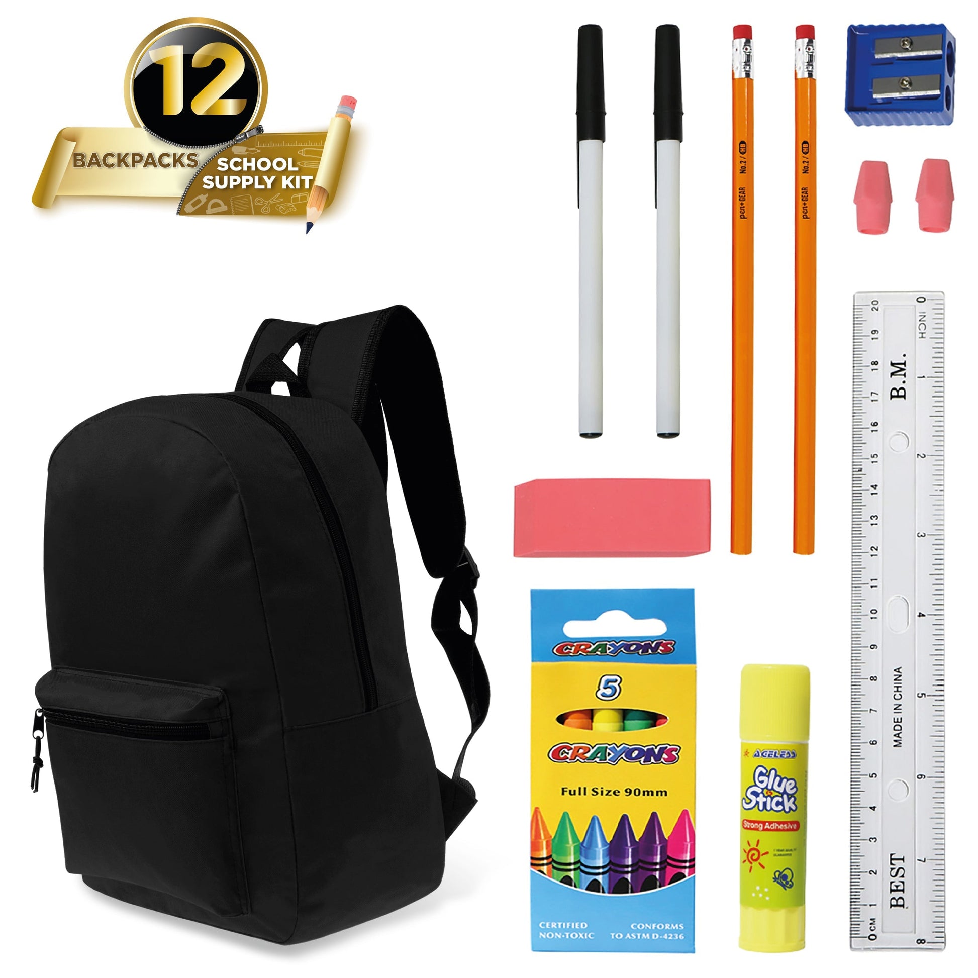 12 Großhandels 15 'Klassische Rucksäcke in Schwarz & 12 Bulk School Supply Kits Ihrer Wahl