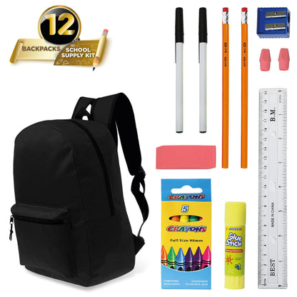 12 Großhandels 15 'Klassische Rucksäcke in Schwarz & 12 Bulk School Supply Kits Ihrer Wahl