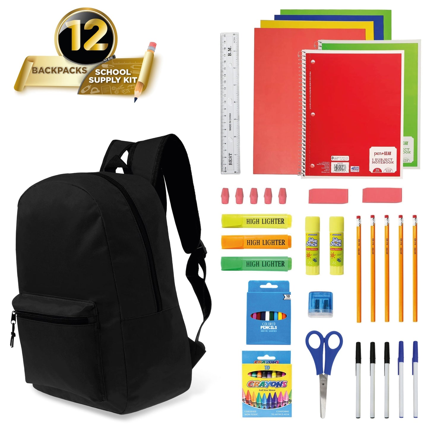 12 Schwarz 17 'Basic Kids Wholesale Rucksäcke und 12 Bulk School Supply Kits Ihrer Wahl