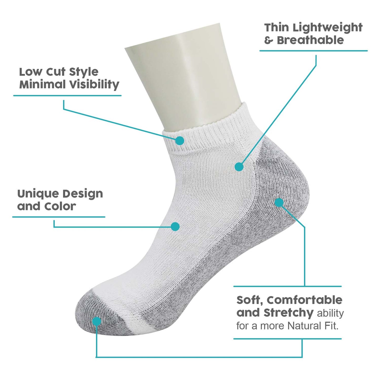 Unisex Low Cut Wholesale Socken, Größe 10-13 in Weiß mit Grau - Bulk Case von 180 Paaren