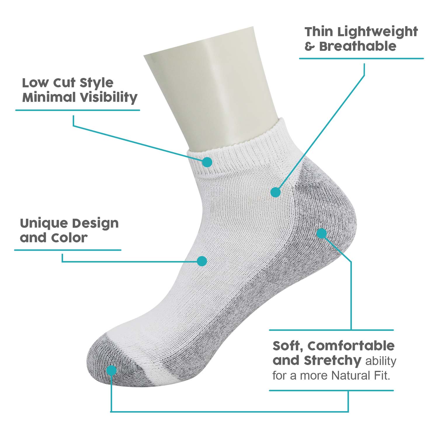 Unisex Low Cut Wholesale Socken, Größe 10-13 in Weiß mit Grau - Bulk Case von 180 Paaren