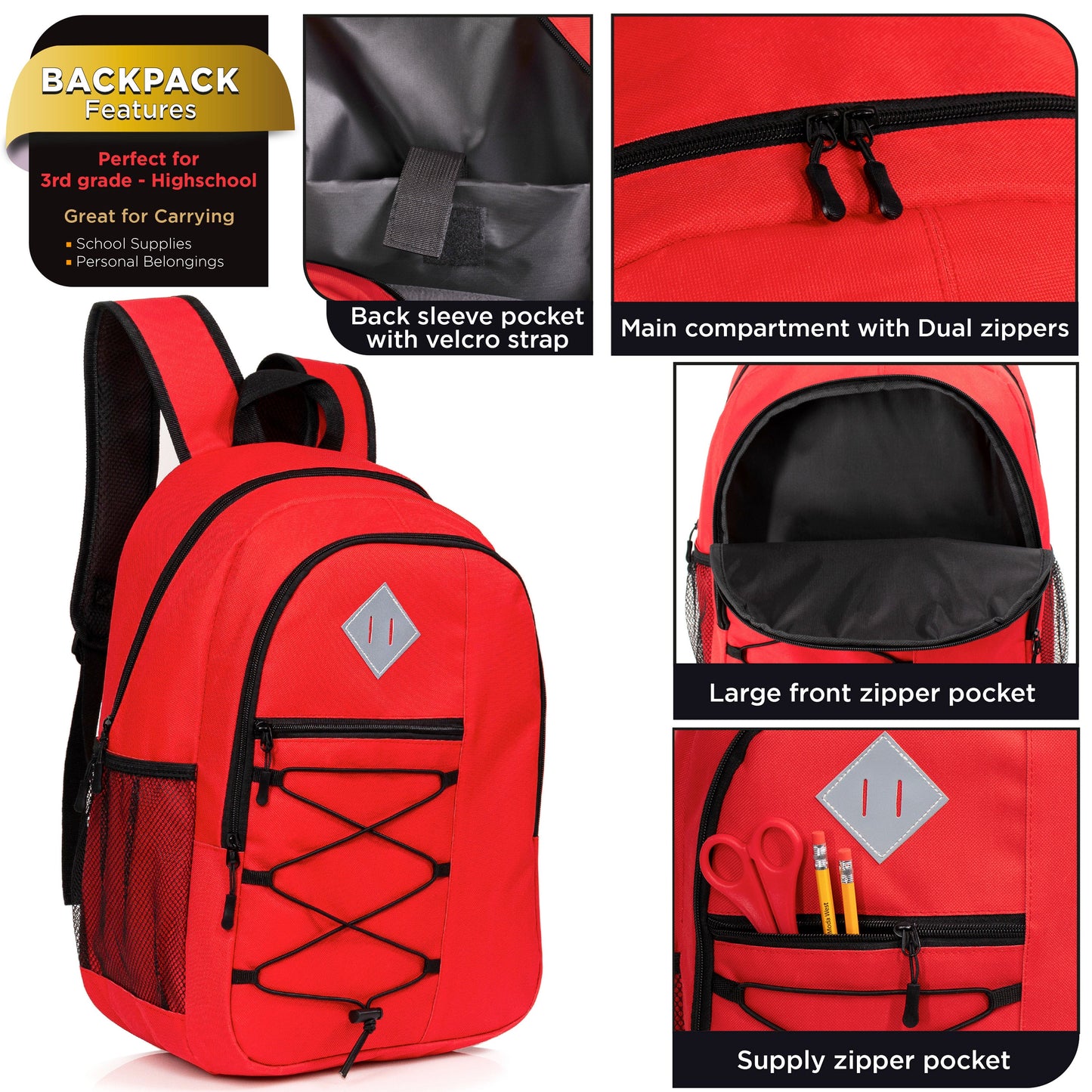 12 Wholesale 18 'Bungee Laptop Rucksäcke in 11 Farben & 12 Bulk School Supply Kits Ihrer Wahl