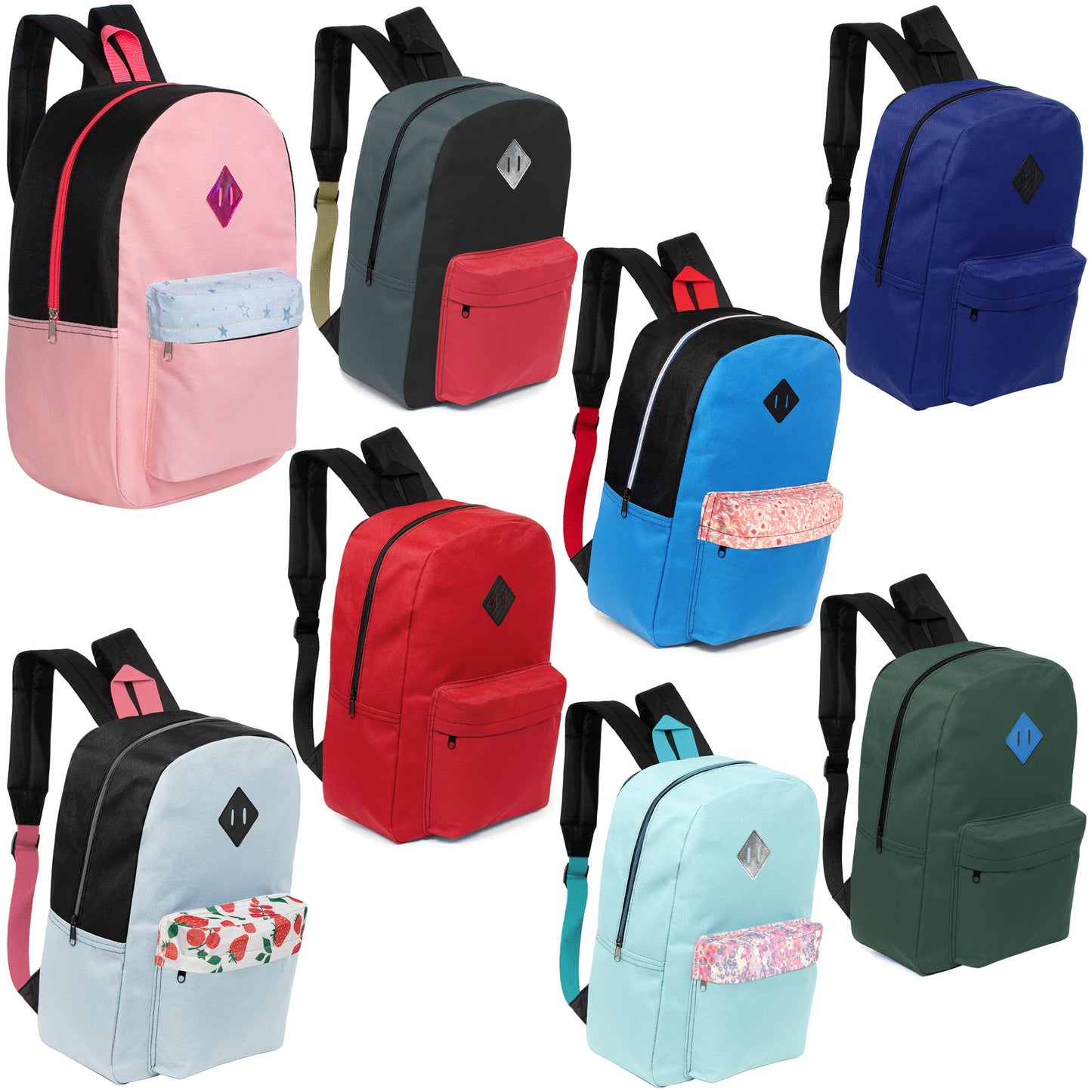 12 Wholesale 17 'Paded Rucksäcke in zufälligen Drucken & 12 Bulk School Supply Kits Ihrer Wahl