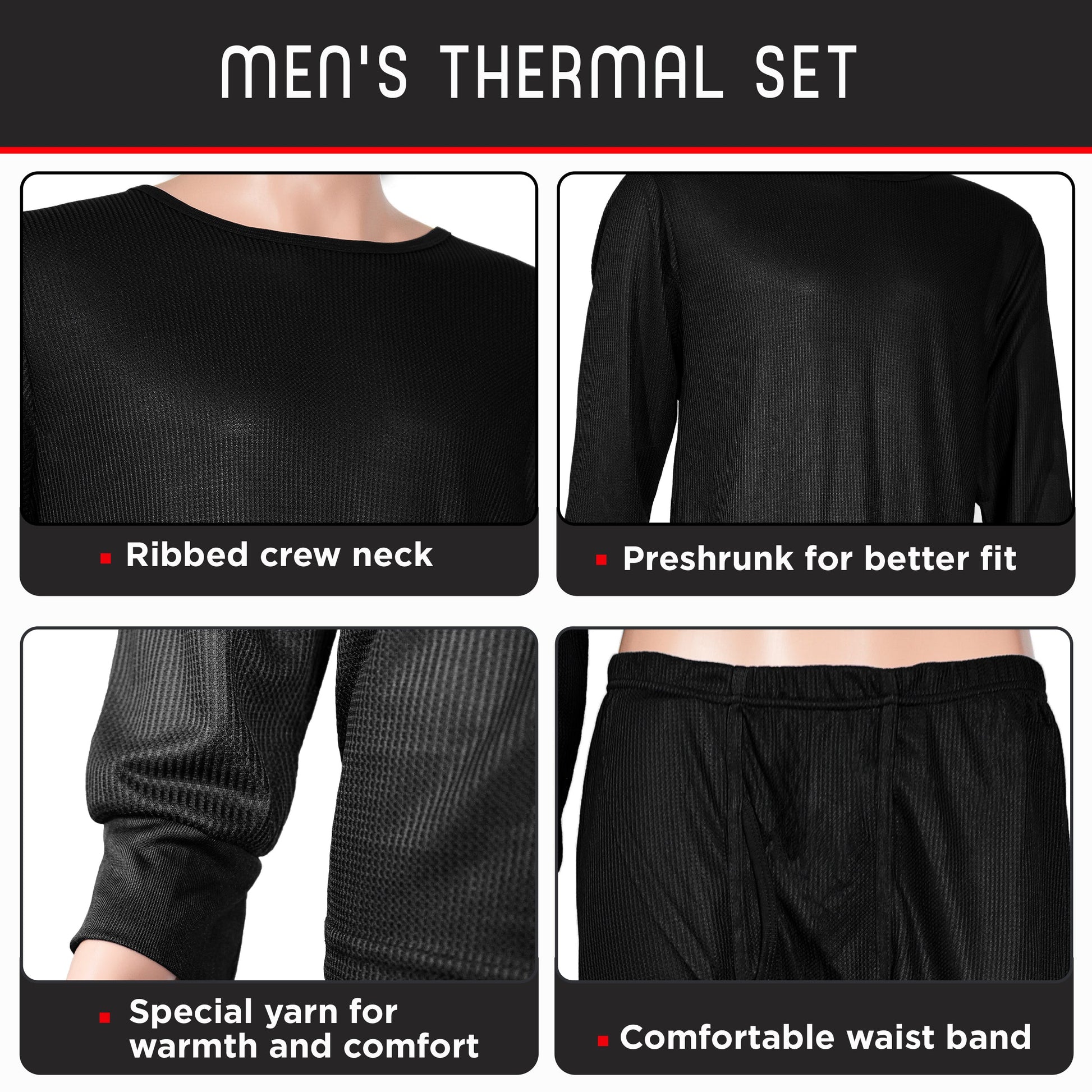 Männer Schwarz Winter Thermal Unterwäsche Set Assorted Größen - Bulk Case von 24