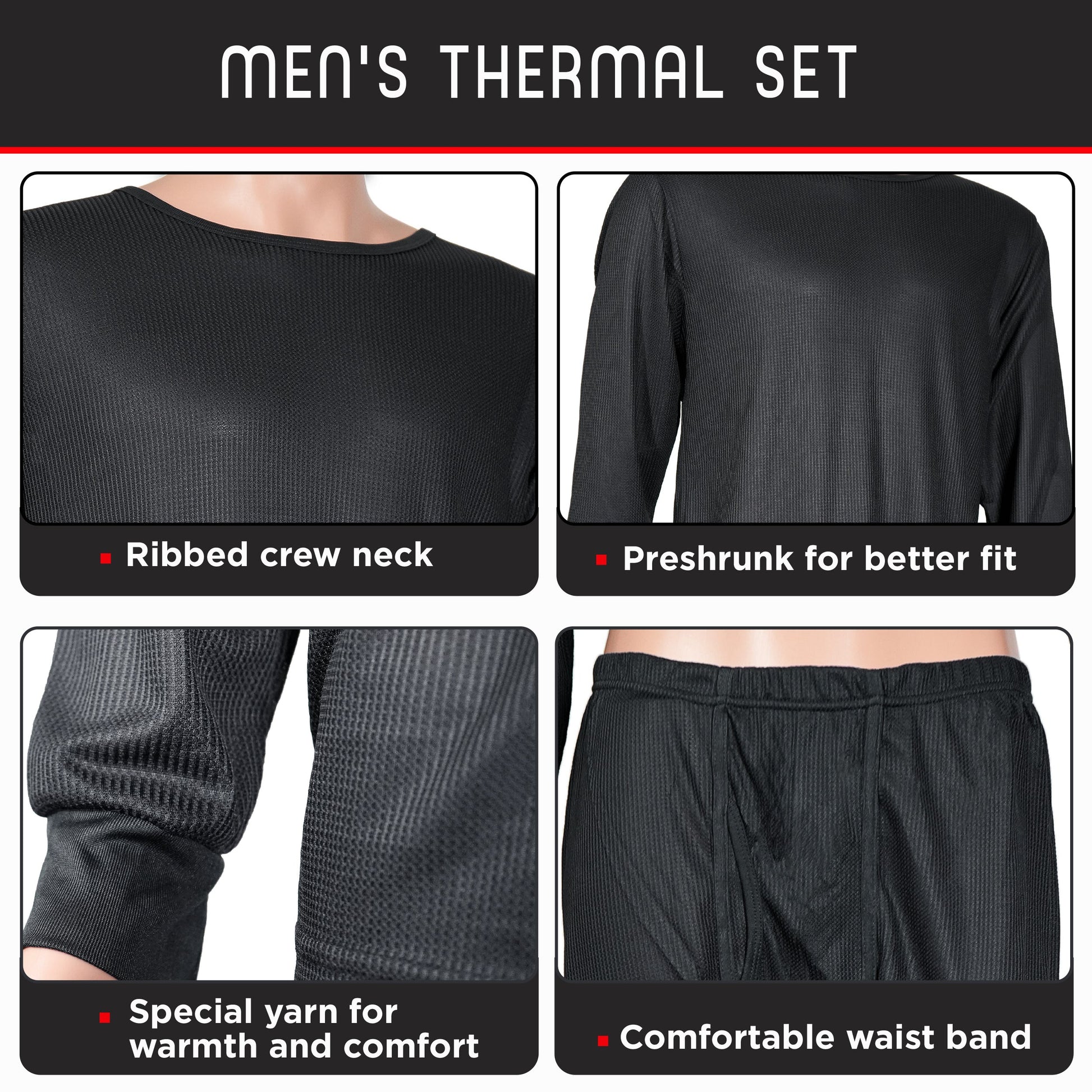 Herren Holzkohle Winter Thermal Unterwäsche Set Assorted Größen - Bulk Case von 24