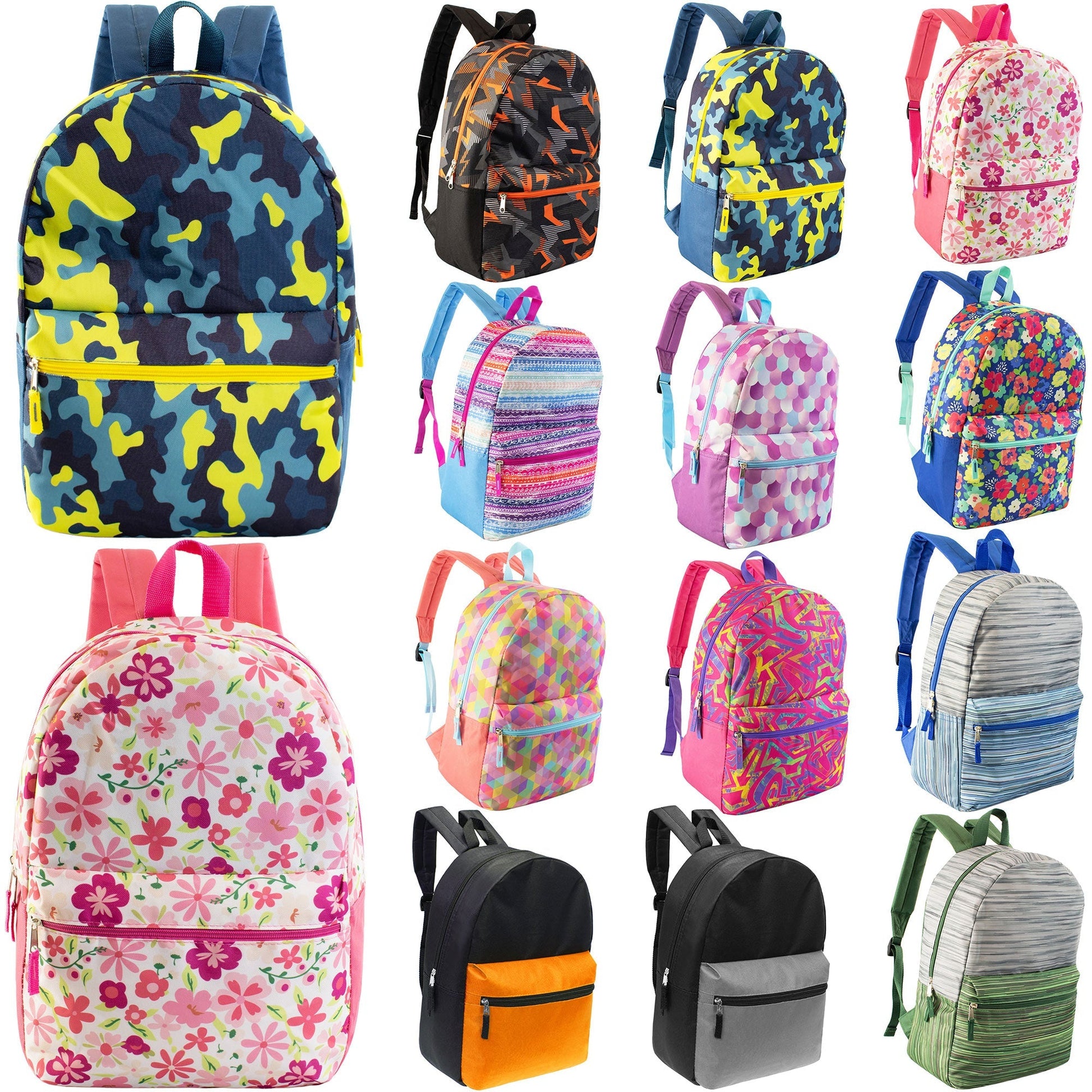 17' Wholesale Rucksäcke in 12 verschiedenen Drucken und Farben - Bulk Case von 24 Rucksäcken