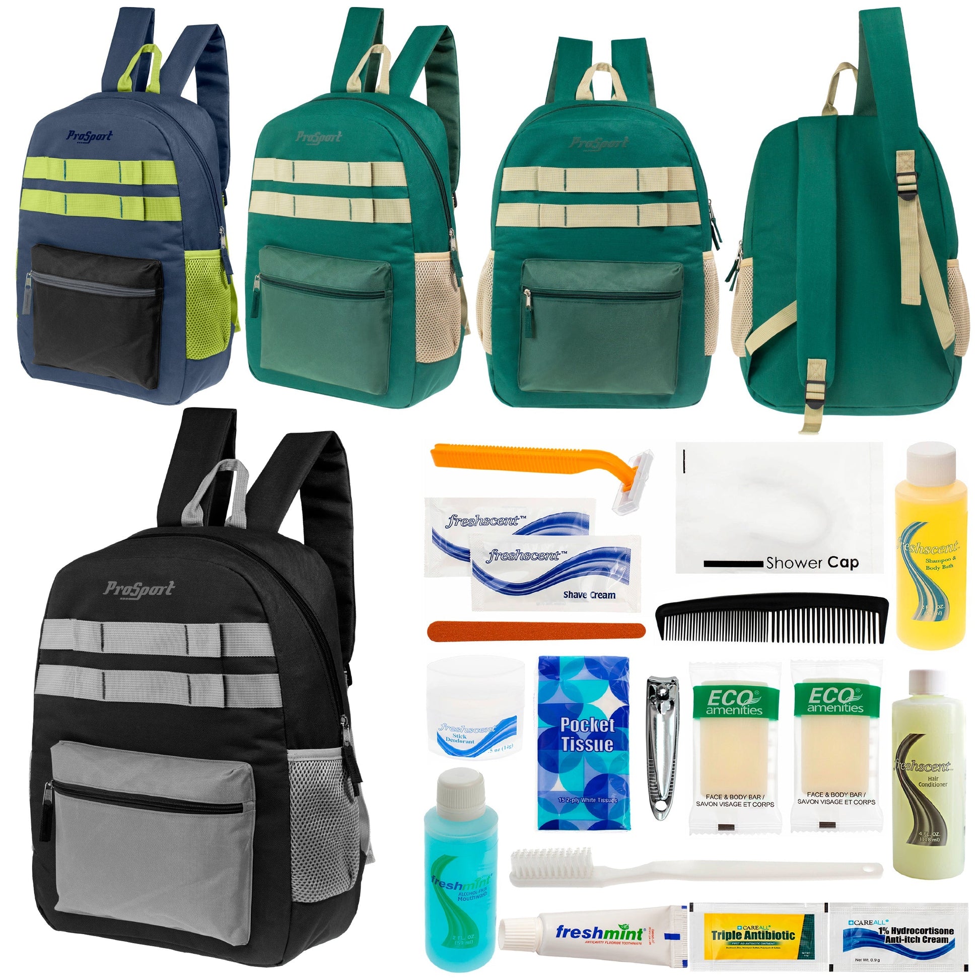 12 Multi-Color 17 'Rucksäcke mit Accent Trim & Ihre Wahl von 12 Bulk Hygiene Kits - Wholesale PFLEGE Package: Obdachlos, Notfall, Wohltätigkeit