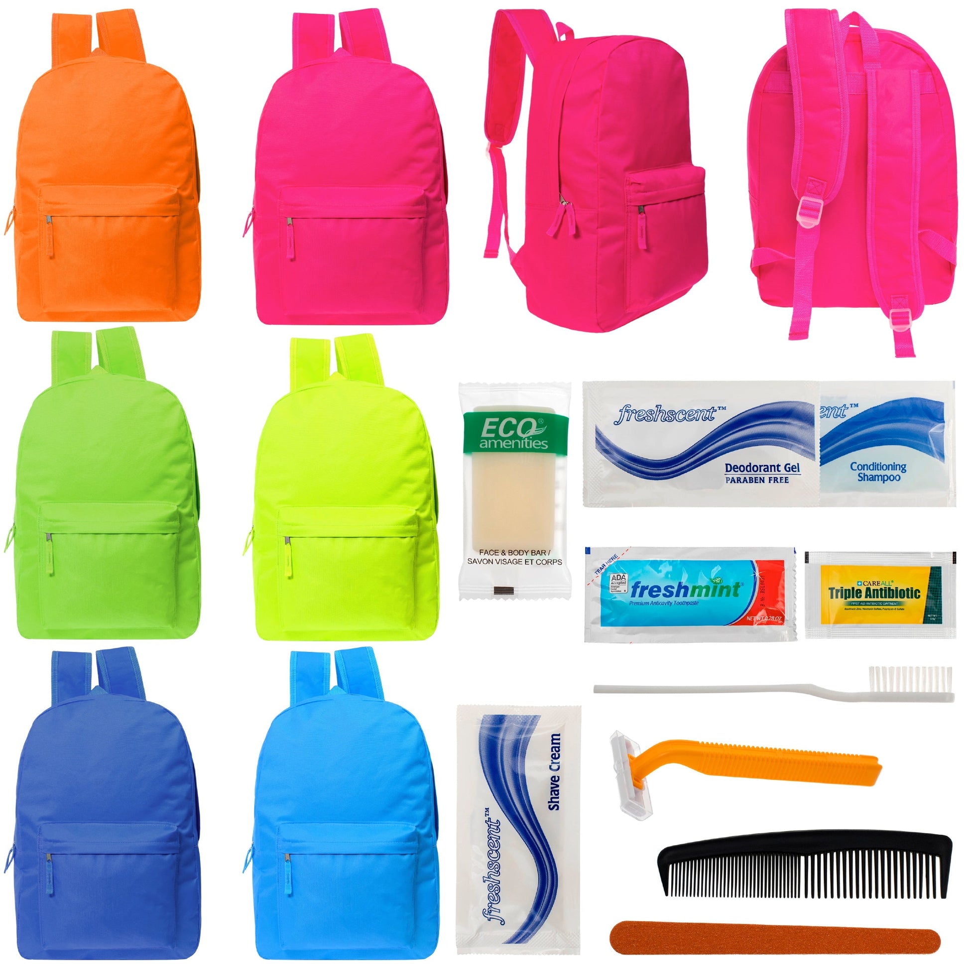 12 helle 17 'Rucksäcke in 6 Farben & Ihre Wahl von 12 Bulk Hygiene Kits - Wholesale PFLEGE Package: Obdachlos, Notfall, Wohltätigkeit