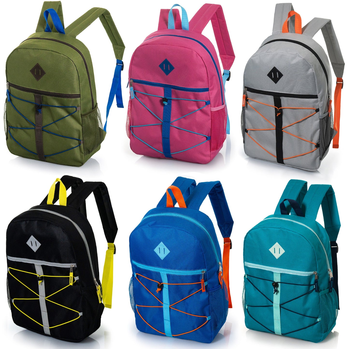 12 Wholesale 17 'Bungee Rucksack in 6 Farben & 12 Bulk School Supply Kits Ihrer Wahl