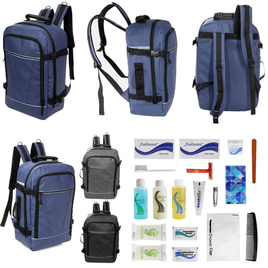 12 Deluxe 18 'Reiserucksäcke in 3 Farben & Ihre Wahl von 12 Bulk Hygiene Kits - Wholesale PFLEGE Package: Obdachlos, Notfall, Wohltätigkeit