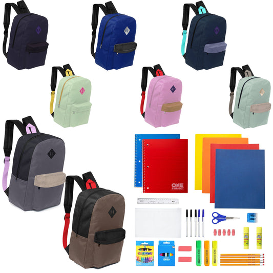 12 Großhandels-17' gepolsterte Rucksäcke in verschiedenen Drucken & 12 Bulk School Supply Kits Ihrer Wahl