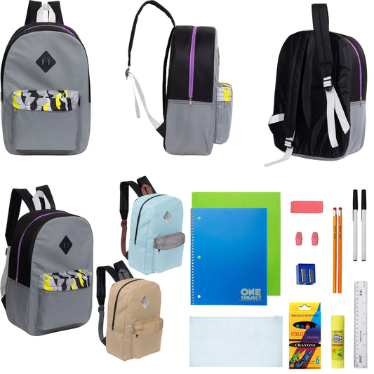 12 Wholesale 17 'Paded Rucksäcke in 3 zufälligen Drucken & 12 Bulk School Supply Kits Ihrer Wahl