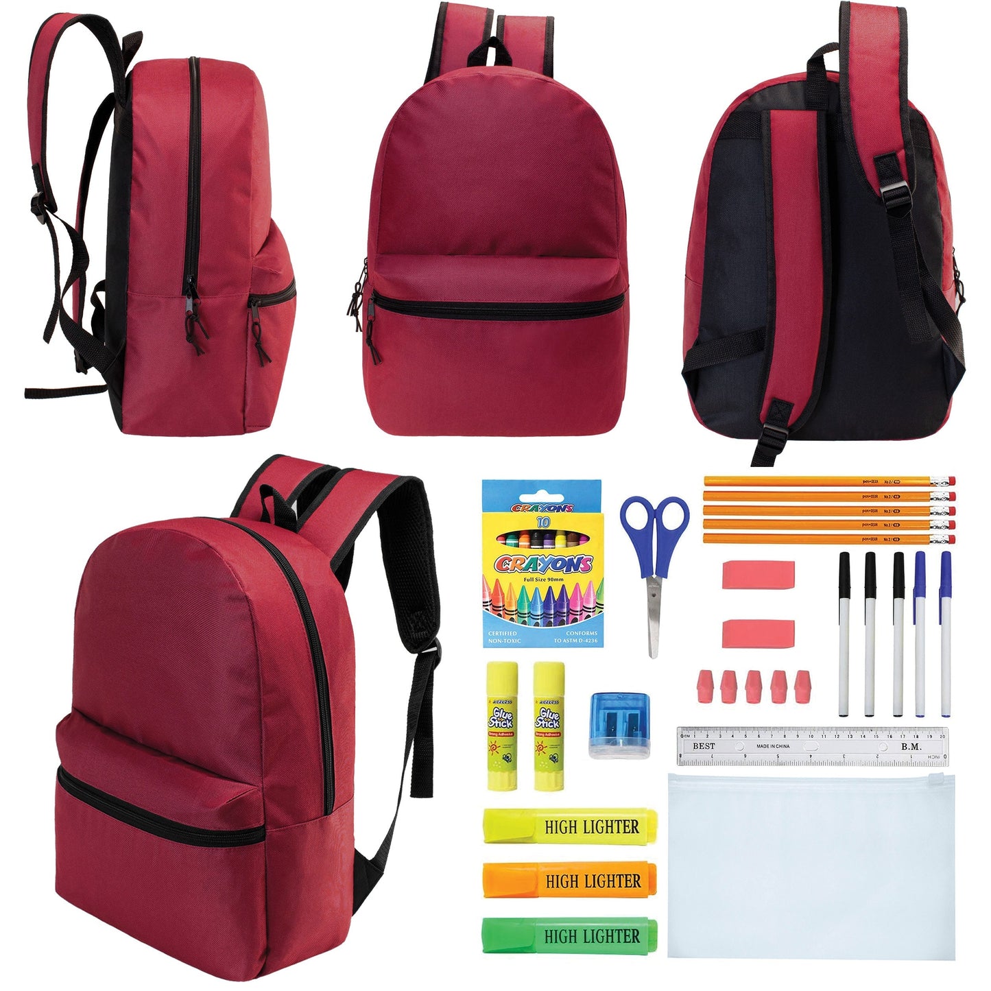 12 Wholesale 17 'Basic Rucksäcke in Burgund & 12 Bulk School Supply Kits Ihrer Wahl