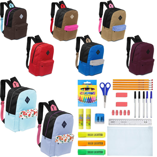 12 Wholesale 17 'Paded Rucksäcke in 8 zufälligen Drucken & 12 Bulk School Supply Kits Ihrer Wahl