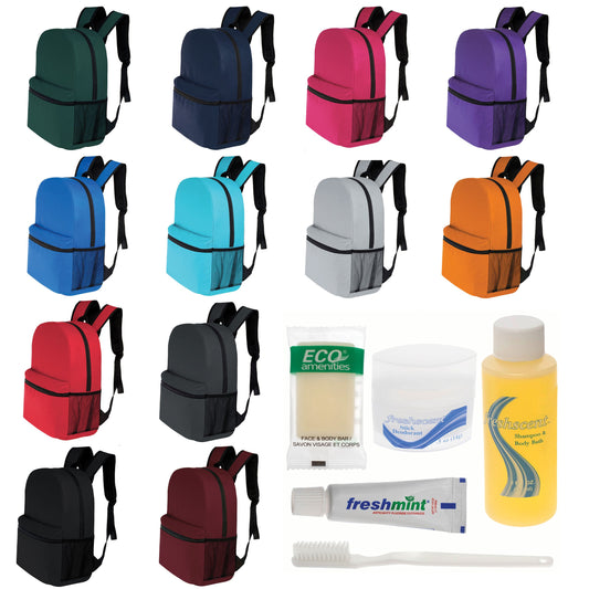 12 Basic 17 'Rucksäcke in 12 Farben mit einer Seitentasche und Ihrer Wahl von 12 Bulk Hygiene Kits - Wholesale PFLEGE Package: Obdachlos, Notfall, Wohltätigkeit