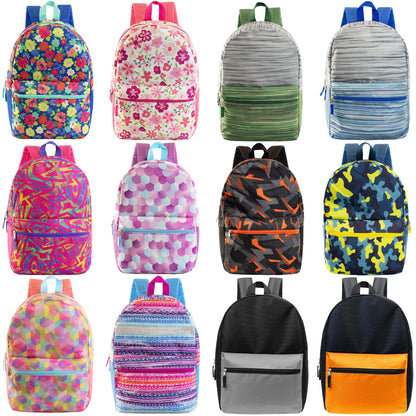 17' Wholesale Rucksäcke in 12 verschiedenen Drucken und Farben - Bulk Case von 24 Rucksäcken
