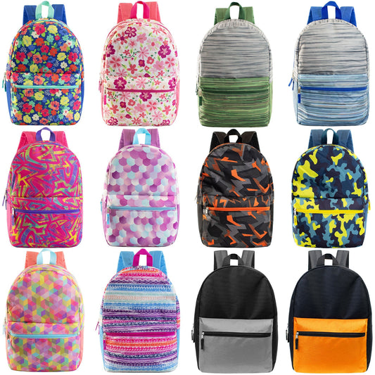 17' Wholesale Rucksäcke in 12 verschiedenen Drucken und Farben - Bulk Case von 24 Rucksäcken