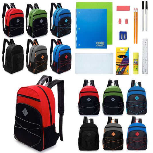 12 Wholesale 17' Bungee Rucksäcke mit Side Pockets & 12 Bulk School Supply Kits Ihrer Wahl