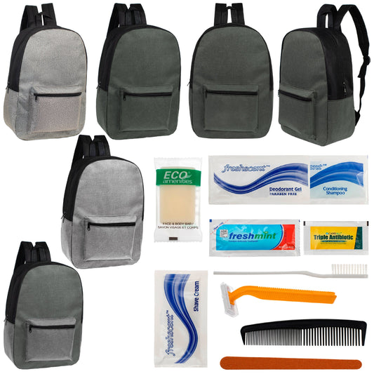 12 Basic Unisex 17 'Rucksäcke in 4 Farben und Ihre Wahl von 12 Bulk Hygiene Kits - Wholesale PFLEGE Package: Obdachlos, Notfall, Wohltätigkeit