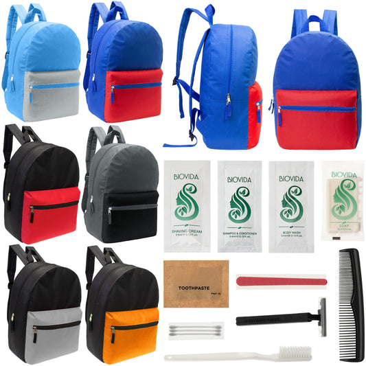 12 17 'Klassische Rucksäcke in 6 zwei Tonfarben & Ihre Wahl von 12 Bulk Hygiene Kits - Wholesale PFLEGE Package: Obdachlos, Notfall, Wohltätigkeit