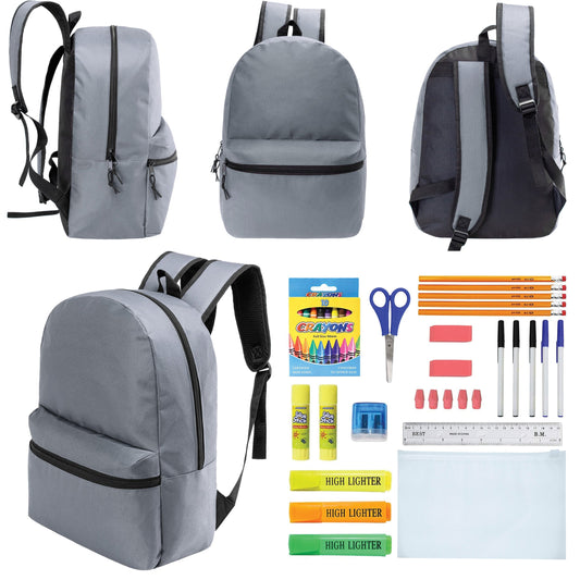 12 Wholesale 17 'Basic Rucksäcke in Cool Grau & 12 Bulk School Supply Kits Ihrer Wahl