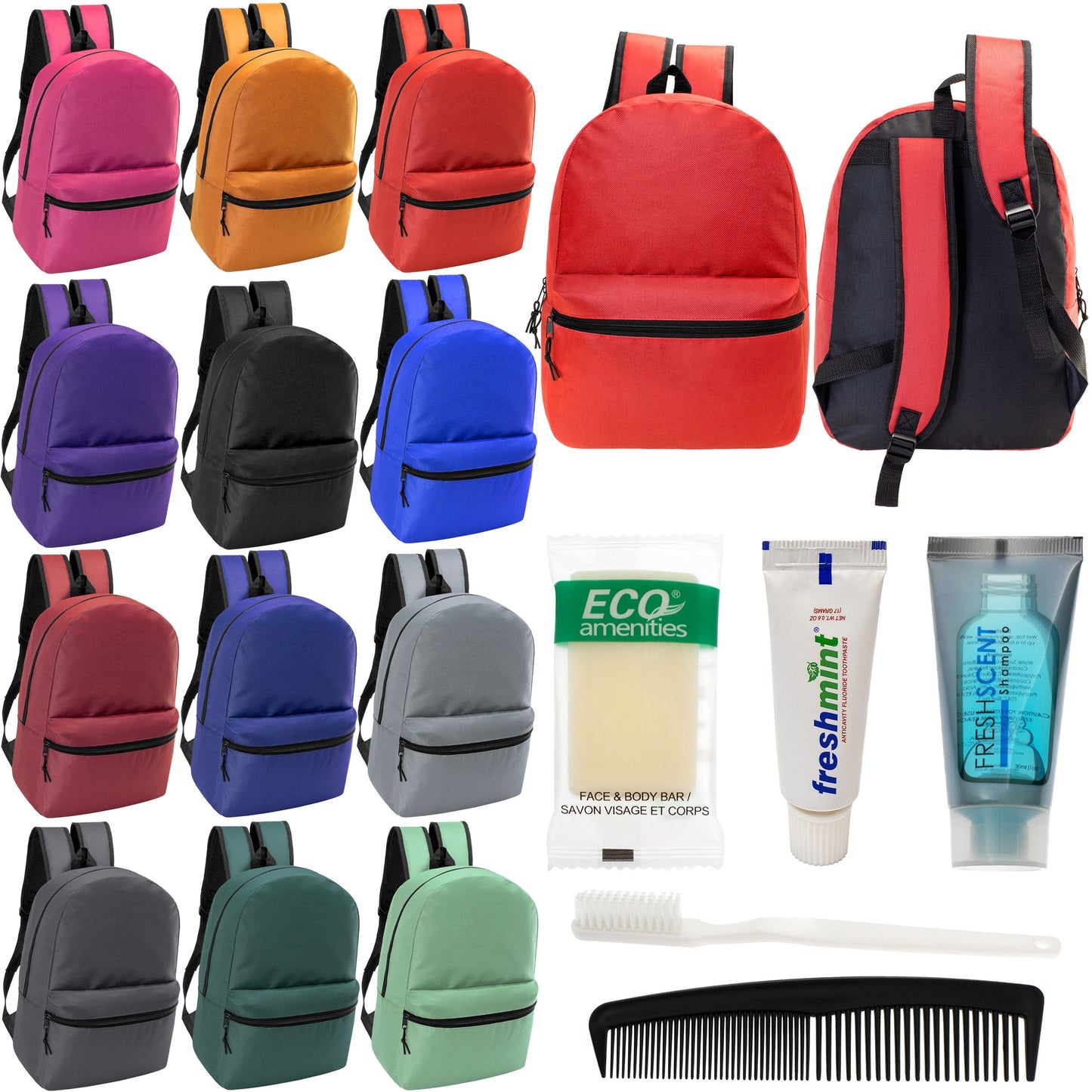 12 Basic 18,5 'Rucksäcke in 12 verschiedenen Farben & Ihre Wahl von 12 Bulk Hygiene Kits - Wholesale PFLEGE Package: Obdachlos, Notfall, Wohltätigkeit