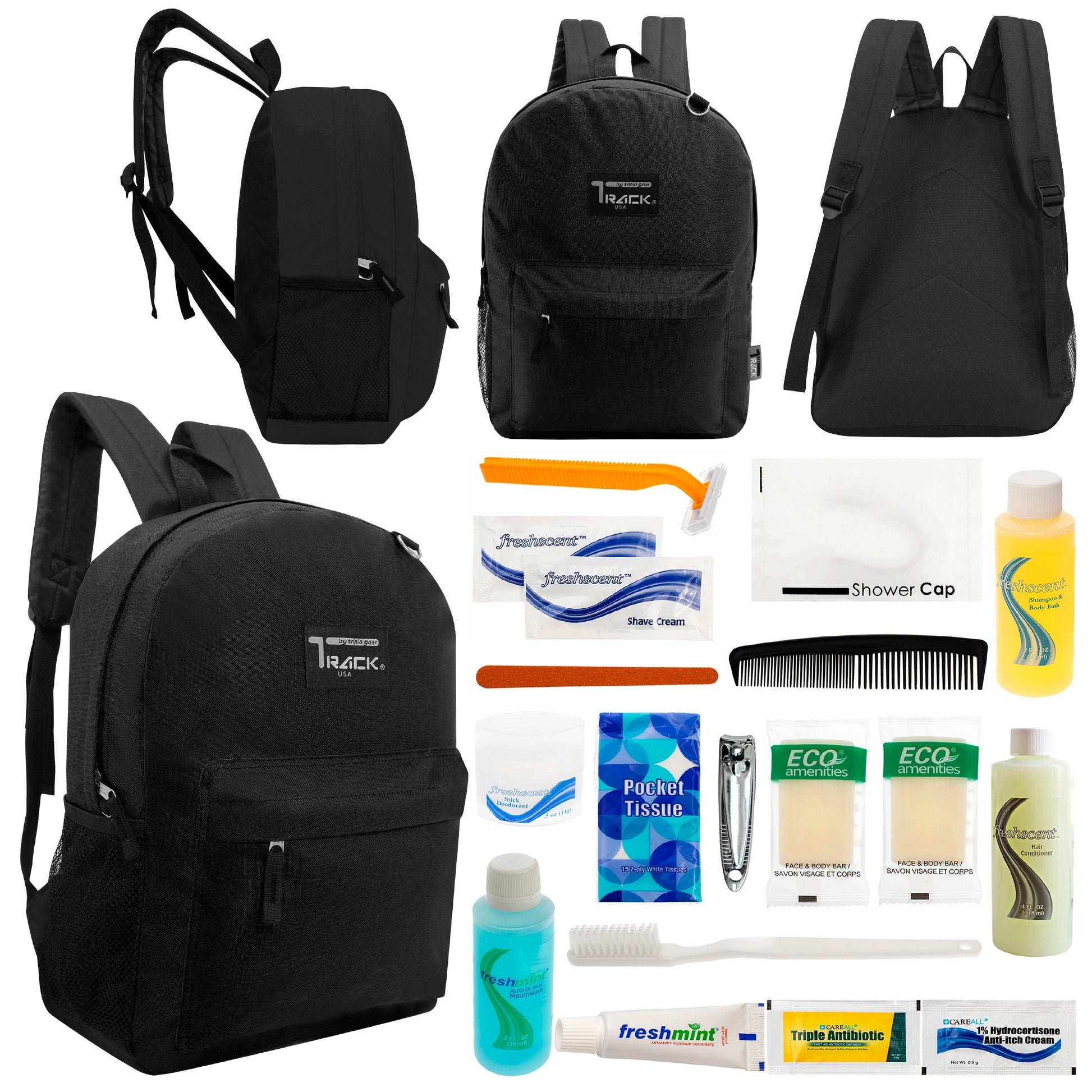12 klassische 17 'Rucksäcke in Schwarz & Ihre Wahl von 12 Bulk Hygiene Kits - Wholesale PFLEGE Package: Obdachlos, Notfall, Wohltätigkeit