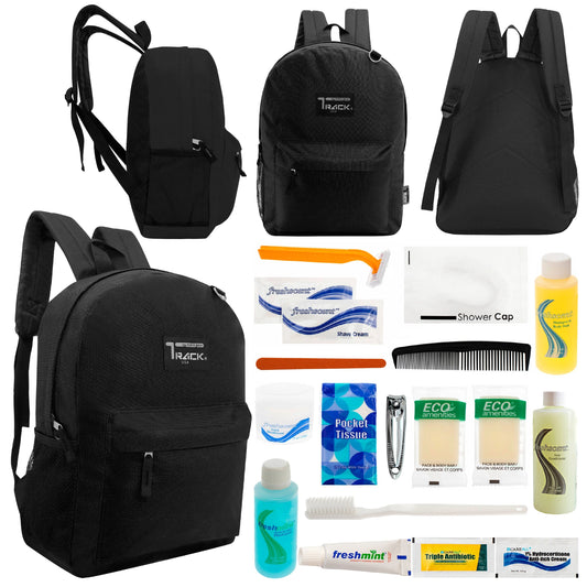 12 klassische 17 'Rucksäcke in Schwarz & Ihre Wahl von 12 Bulk Hygiene Kits - Wholesale PFLEGE Package: Obdachlos, Notfall, Wohltätigkeit