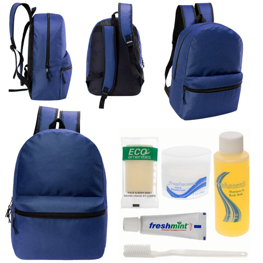 12 17 'Klassische Rucksäcke in Marineblau Blau & Ihre Wahl von 12 Bulk Hygiene Kits - Wholesale PFLEGE Package: Obdachlos, Notfall, Wohltätigkeit