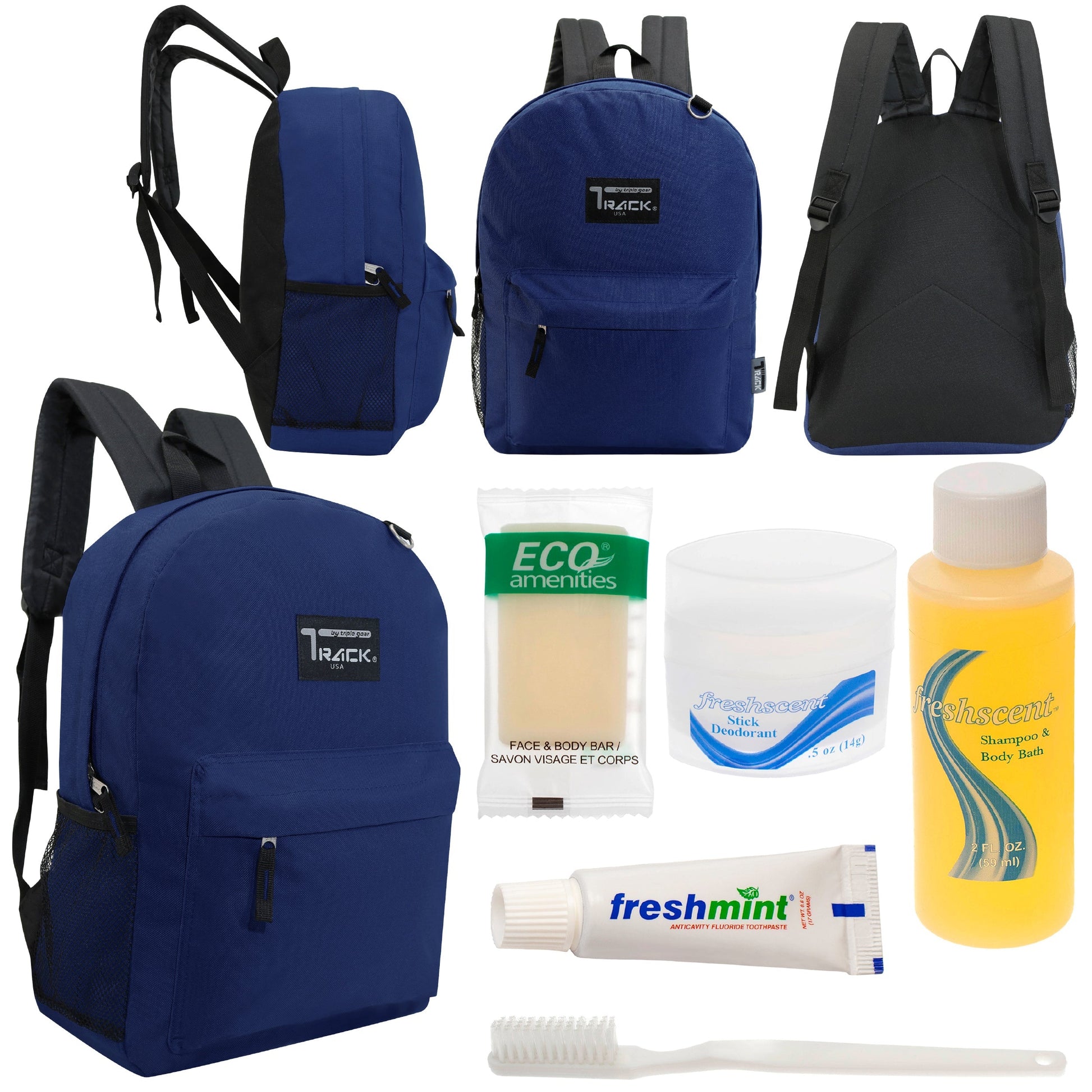 12 klassische 17 'Rucksäcke in Marineblau Blau & Ihre Wahl von 12 Bulk Hygiene Kits - Wholesale PFLEGE Package: Obdachlos, Notfall, Wohltätigkeit