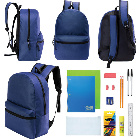 12 Wholesale 17 'Basic Rucksäcke in Marineblau Blau & 12 Bulk School Supply Kits Ihrer Wahl