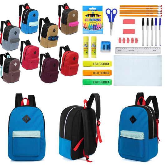 12 Wholesale 17 'Paded Rucksäcke in 8 zufälligen Drucken & 12 Bulk School Supply Kits Ihrer Wahl