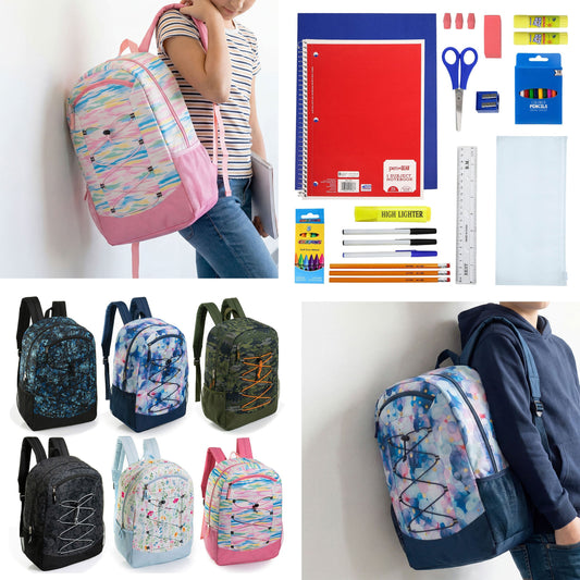 12 Wholesale 19 'Bungee Rucksack in 6 Mustern & 12 Bulk School Supply Kits Ihrer Wahl