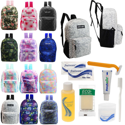 12 Muster 17 'Rucksäcke in verschiedenen Drucken & Ihre Wahl von 12 Bulk Hygiene Kits - Wholesale PFLEGE Package: Obdachlos, Notfall, Wohltätigkeit