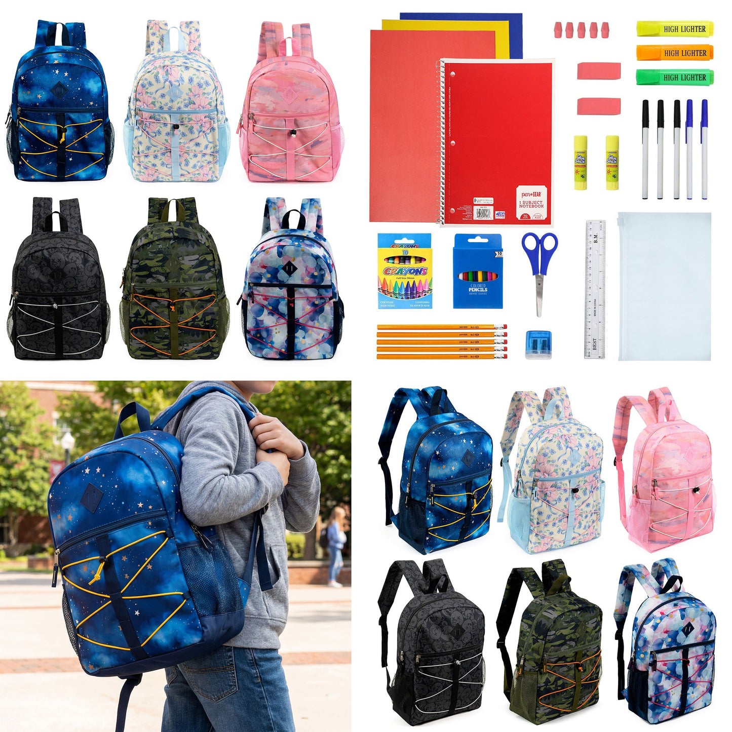 12 Wholesale 17 'Bungee Rucksack in 6 Prints & 12 Bulk School Supply Kits Ihrer Wahl