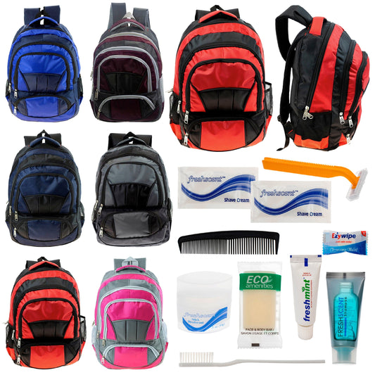 12 Premium 16 'Voll gepolsterte Rucksäcke & Ihre Wahl von 12 Bulk Hygiene Kits - Wholesale PFLEGE Package: Obdachlos, Notfall, Wohltätigkeit