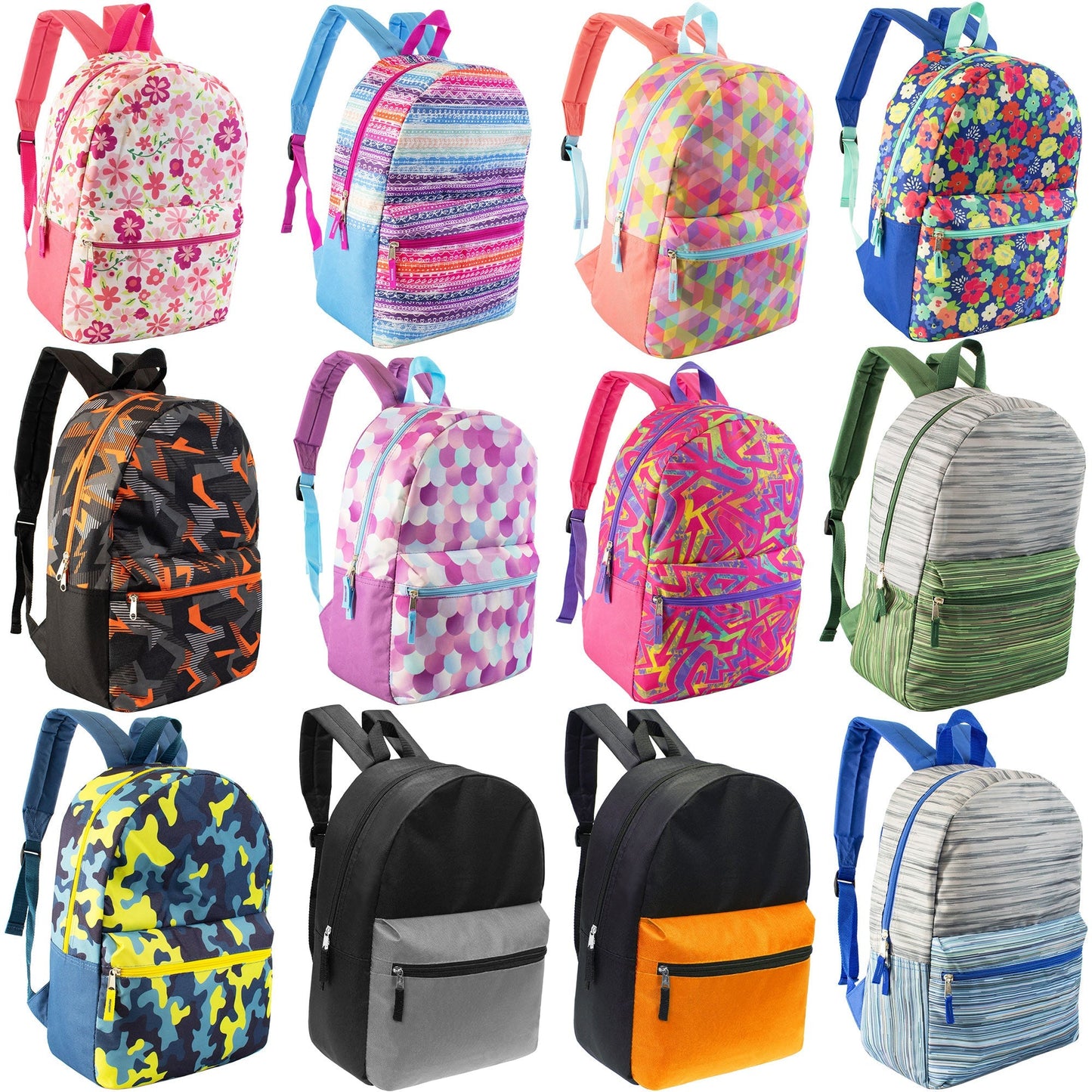 17' Wholesale Rucksäcke in 12 verschiedenen Drucken und Farben - Bulk Case von 24 Rucksäcken