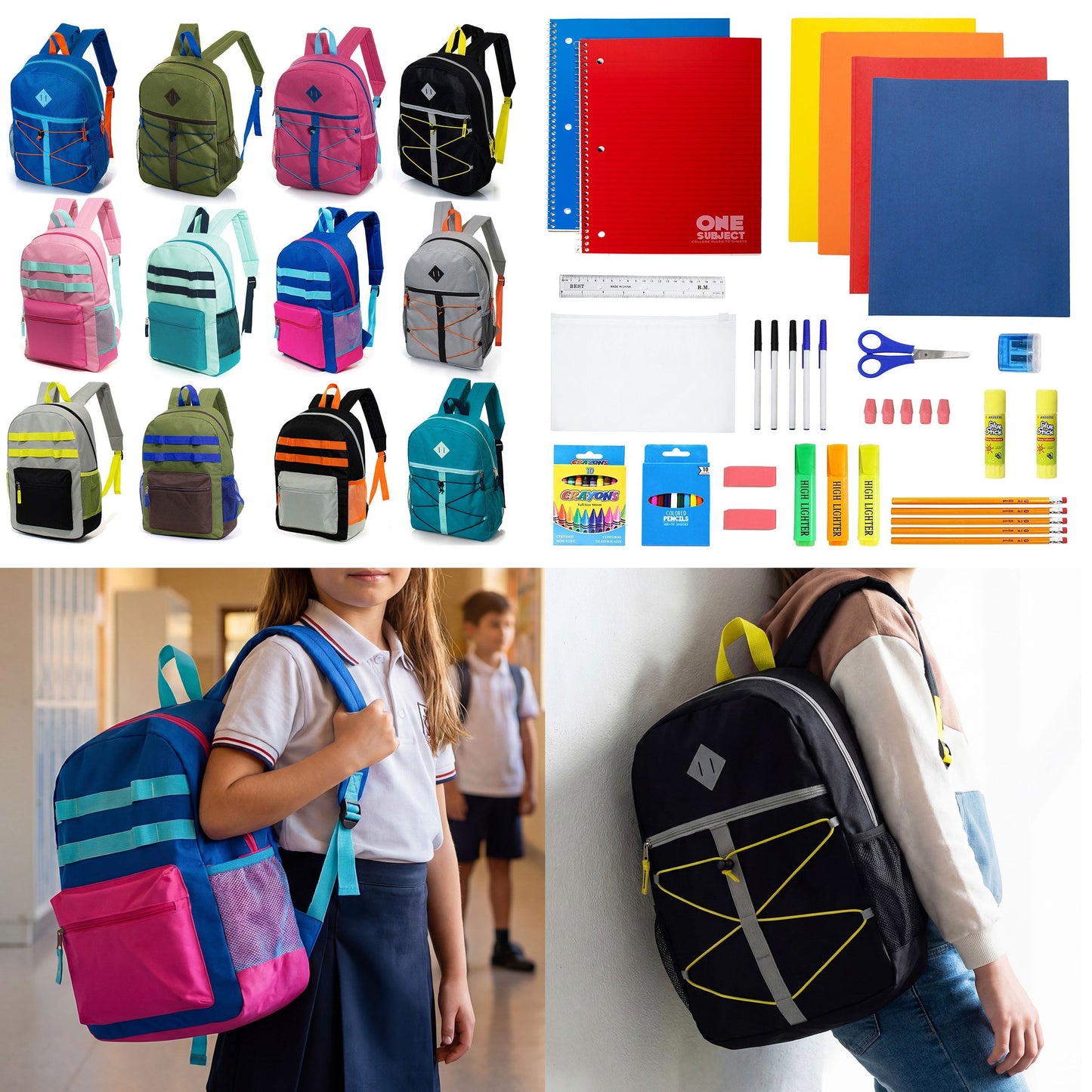 12 Wholesale 17 'Rucksäcke in verschiedenen Farben und Drucken & 12 Bulk School Supply Kits Ihrer Wahl