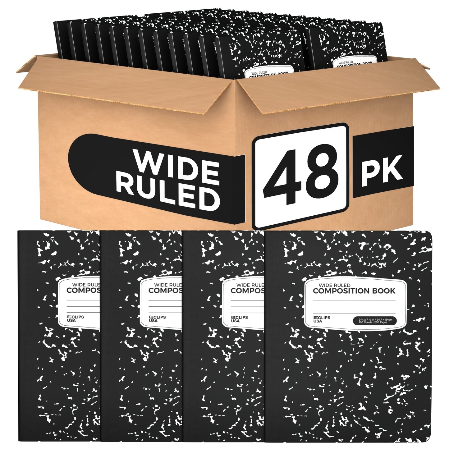 Wide Ruled Wholesale Composition Notebooks in Schwarz - Bulk Case von 48 Notebooks