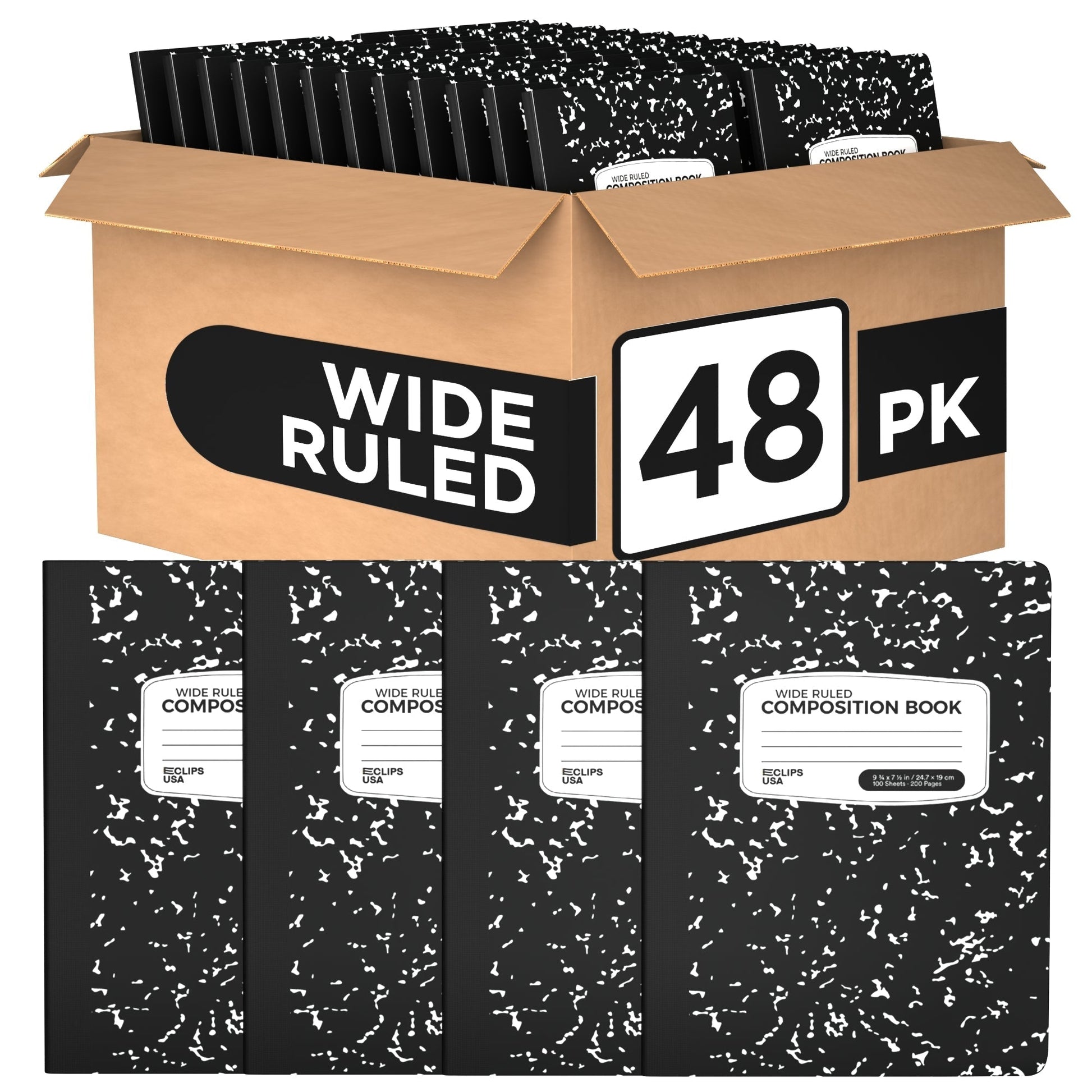Wide Ruled Wholesale Composition Notebooks in Schwarz - Bulk Case von 48 Notebooks