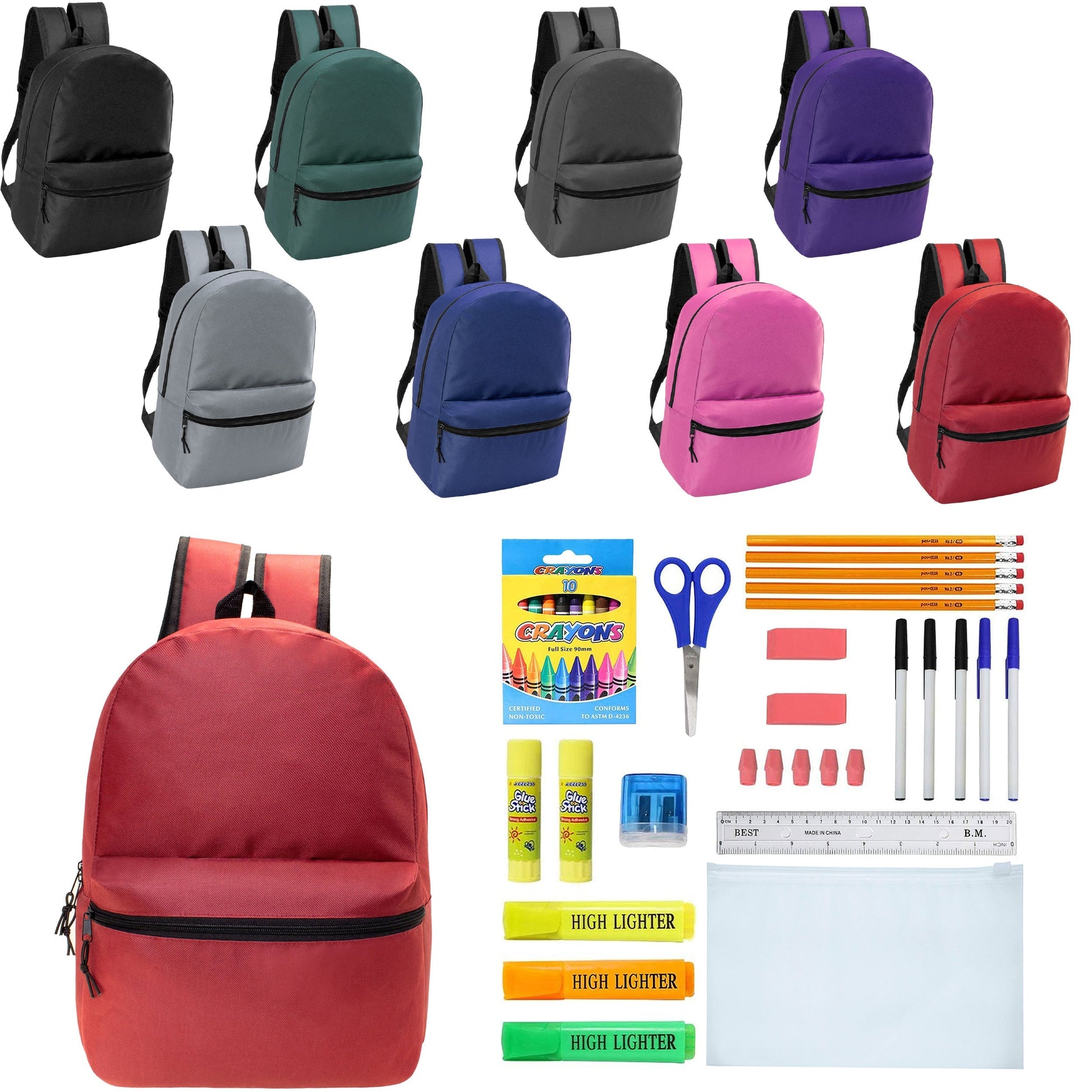 12 Wholesale 17 'Basic Wholesale Rucksack in 8 Farben & 12 Bulk School Supply Kits Ihrer Wahl