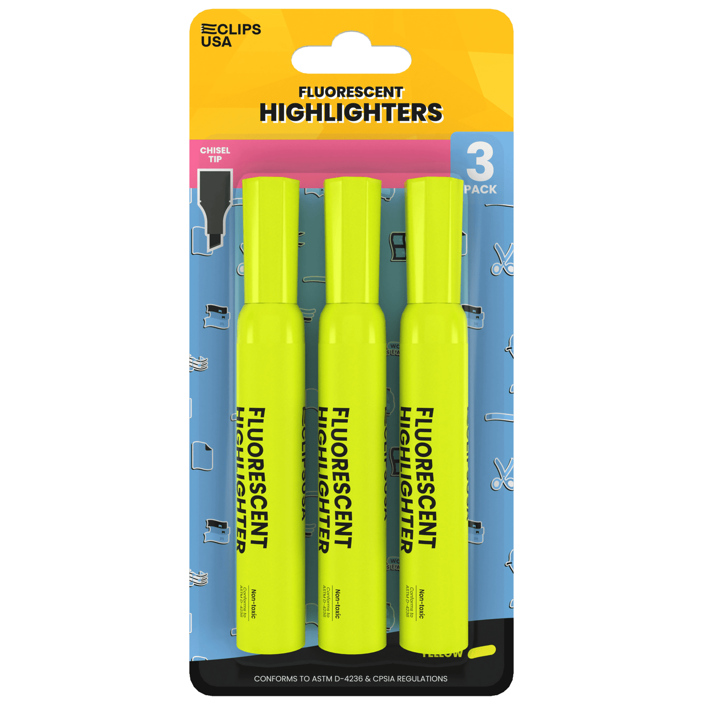 Gelbe Großhandels-Highlighter | Chisel-Tipp | 3 Packung - 36 Packs / Case - 108 Total Highlighters