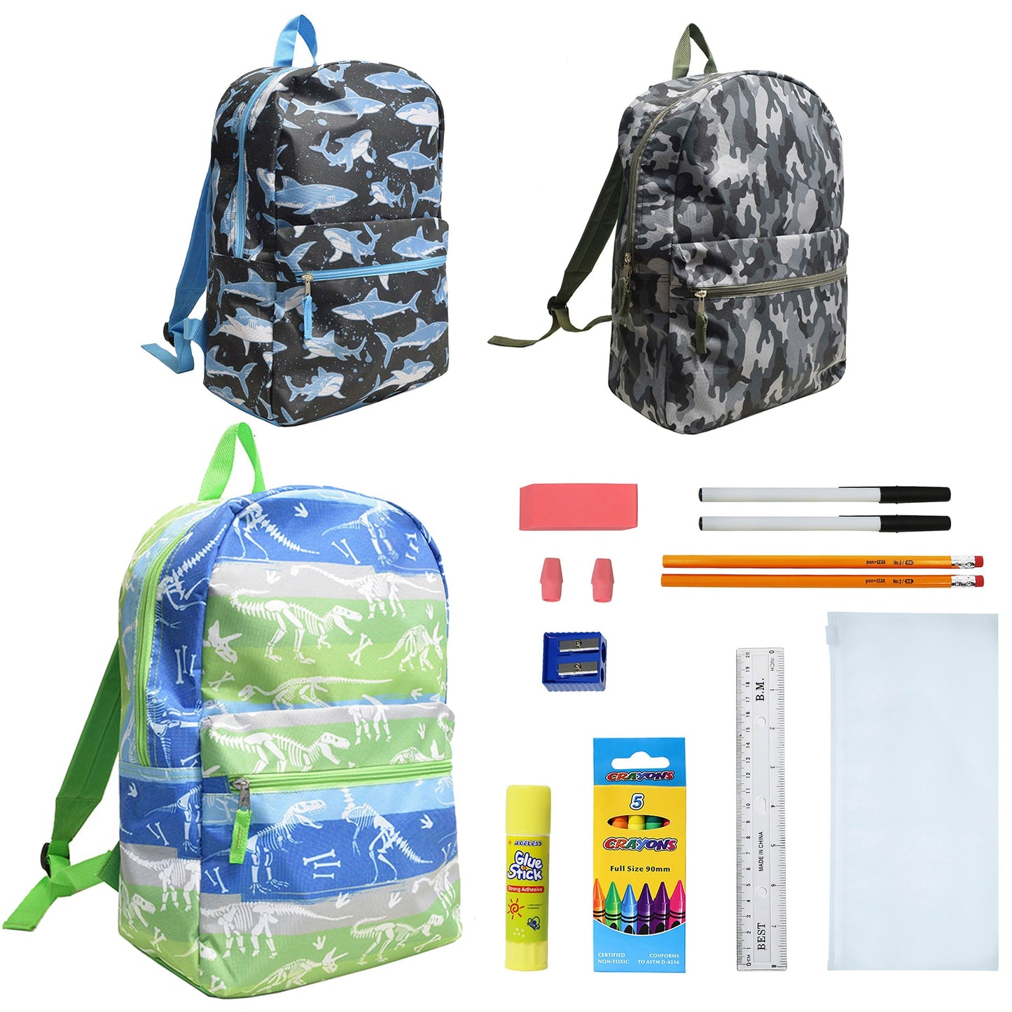 12 Großhandels-17-Charakter-Rucksäcke für Jungen & 12 Bulk School Supply Kits Ihrer Wahl