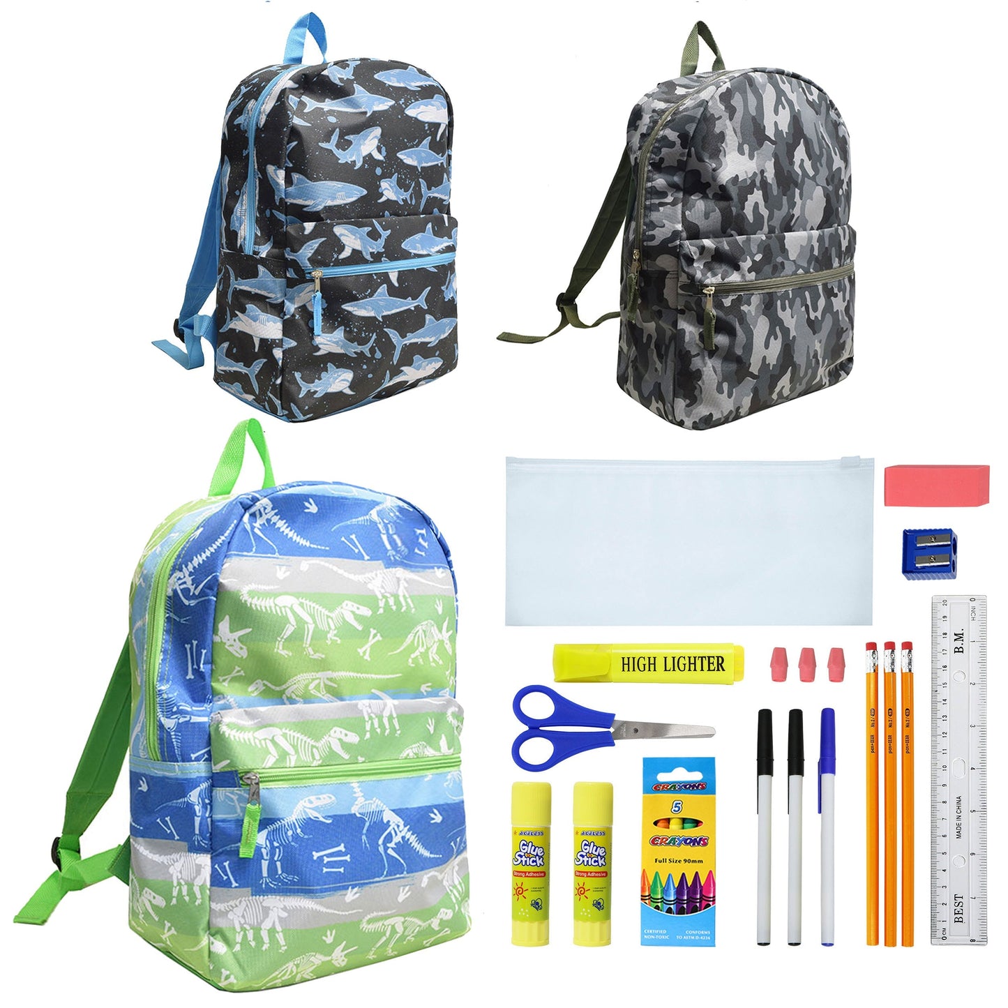 12 Großhandels-17-Charakter-Rucksäcke für Jungen & 12 Bulk School Supply Kits Ihrer Wahl